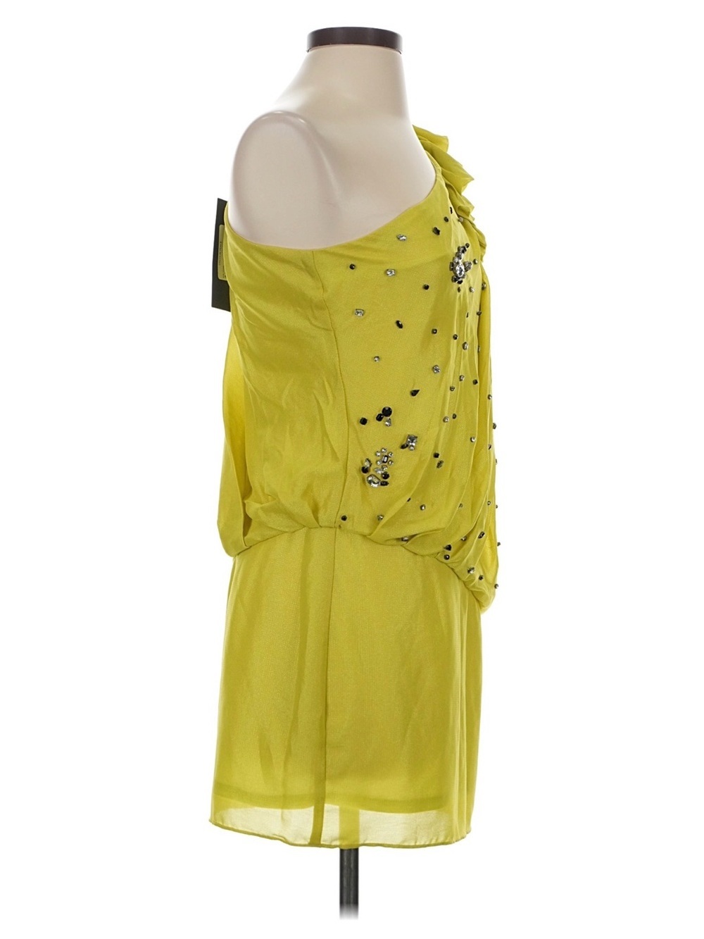 Ark & Co Chartreuse One Shoulder Rhinestone Ruffle Cocktail Mini Dress - Picture 7 of 14